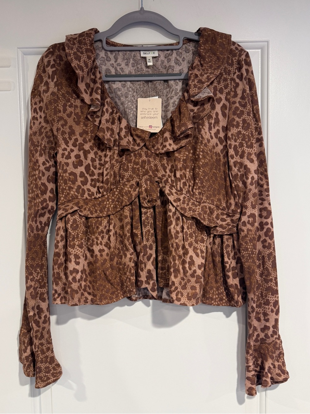 Self Esteem Leopard Print Ruffle Peplum Blouse NWT Long Sleeve Y2K Size Medium